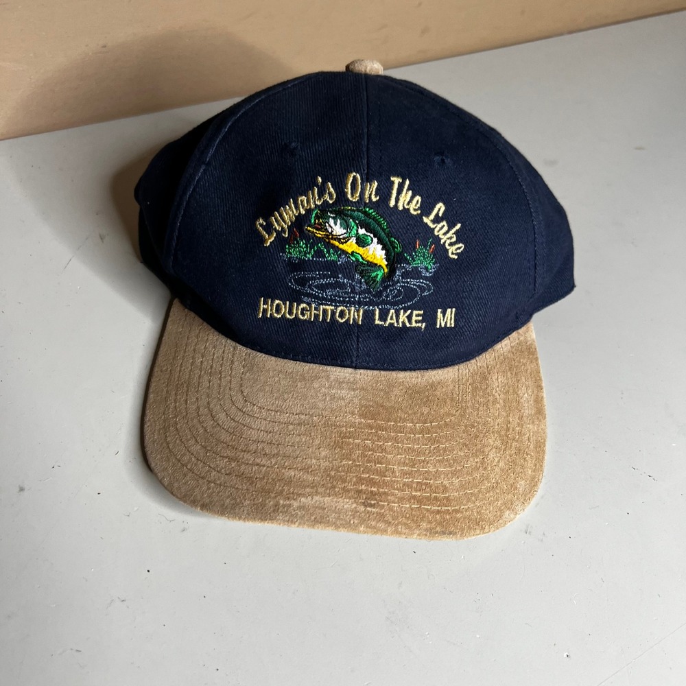 Toppers Lymans On The Lake Houghton Lake MI Fishing Bass Hat Navy Tan Strapback